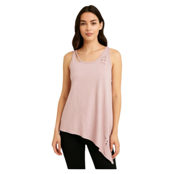 NYTT distressed sleeveless asymmetrical t- shirt top blush pink Sz XS runs large - Picture 1 of 11